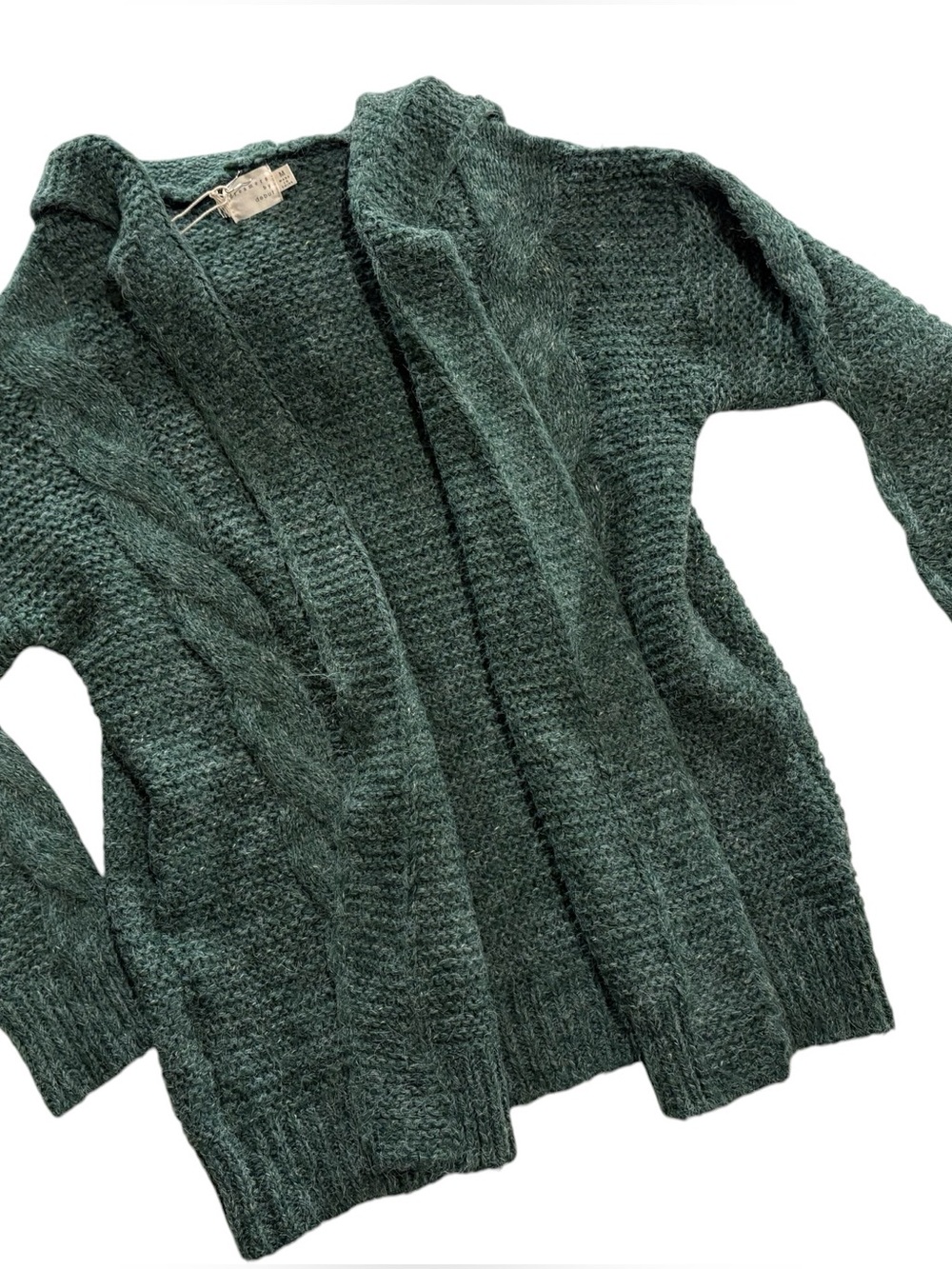 Cozy Open-Front Cable Knit Hooded Sweater Cardigan Dark Green- Dreamers by Debut